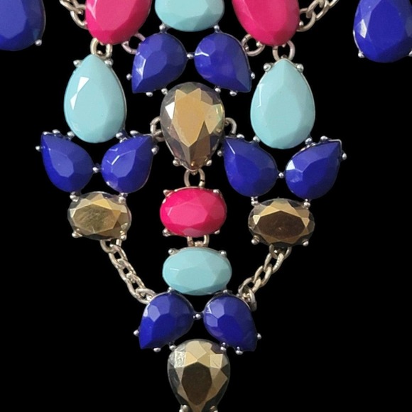 Multi Color Stones Faux Diamonds Gold Color Chain Fashion Necklace - Picture 8 of 12